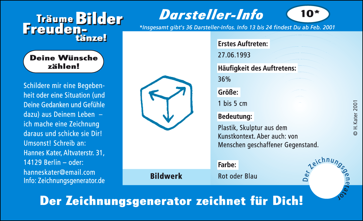 Hannes Kater: Auftragskärtchen *10 Bildwerk, Vorderseite, Version von 2001