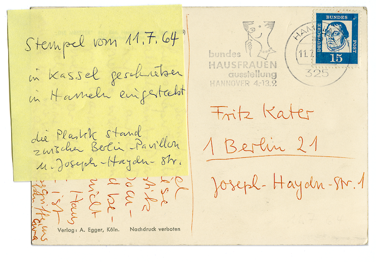 Postkarte verschickt 1964 - Skulptur von Henri Laurens / Rückseite