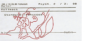 Hannes Kater: Zeichnung auf Laufzettel der Pychatrie Mainz – Von Chaos und Ordnung der Seele II, Mainz 2000, 283x136 Pixel